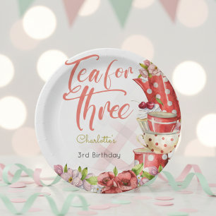 Tea for three, tea flowery third birthday paper plates