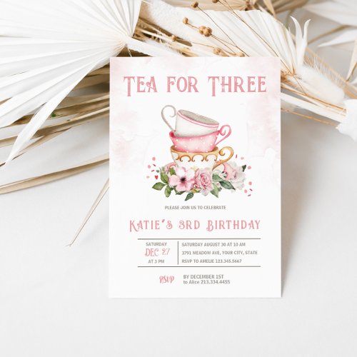 Tea For Three Teacups Theme Birthday Invitation