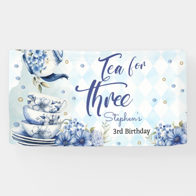 Tea for three, third birthday for kids banner (Horizontal)