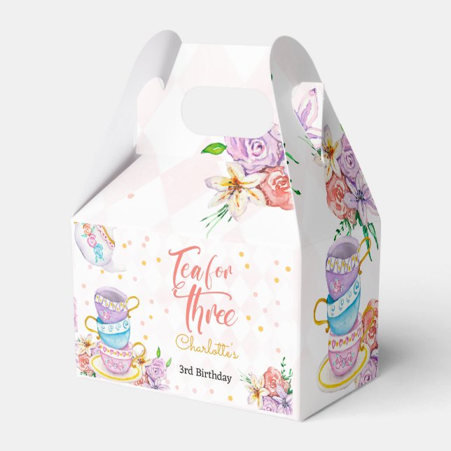 Tea for three, third tea birthday favor boxes (Front Side)