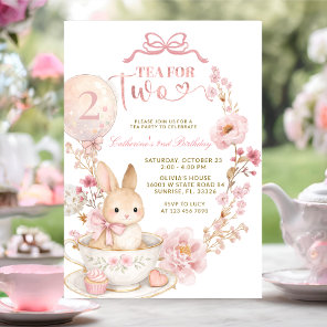 Tea for Two 2nd Birthday Bunny Spring Pink  Invitation