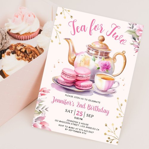 Tea For Two 2nd Birthday Girl Pink Tea Party Inv Invitation
