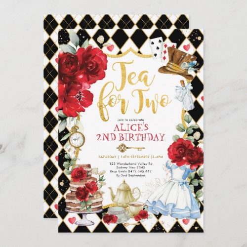 Tea for Two Alice in Wonderland Floral Birthday Invitation