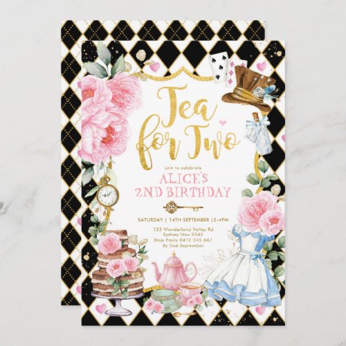Tea for Two Alice in Wonderland Flower Birthday Invitation
