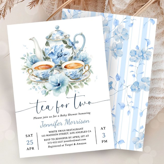 Tea For Two Baby Shower Boy Dusty Blue Invitation (Creator Uploaded)