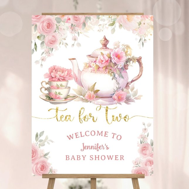 Tea for Two Baby Shower Pink Floral Welcome Foam Board (Creator Uploaded)
