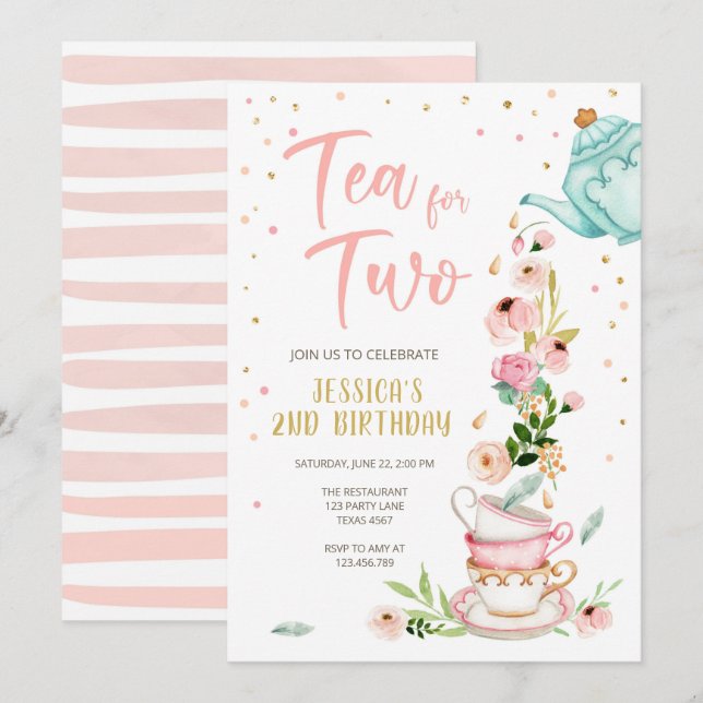 Tea for Two Birthday Invitation Floral Tea Party (Front/Back)