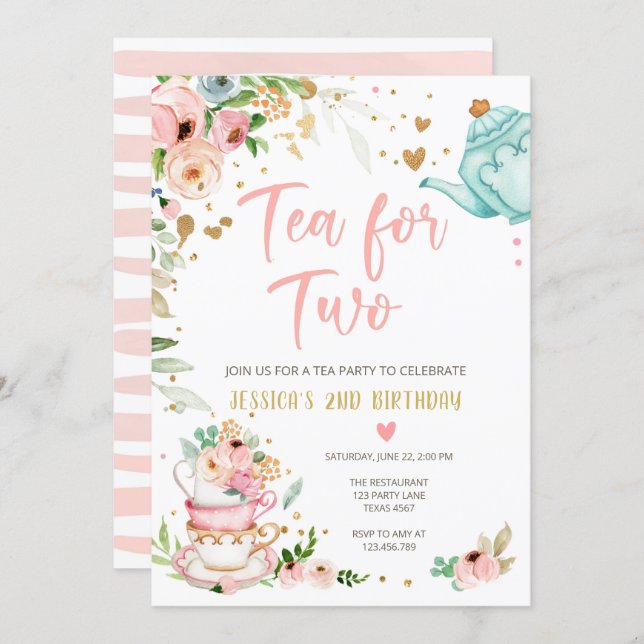 Tea for Two Birthday Invitation Floral Tea Party (Front/Back)
