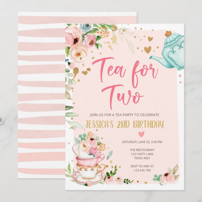 Tea for Two Birthday Invitation Floral Tea Party (Front/Back)