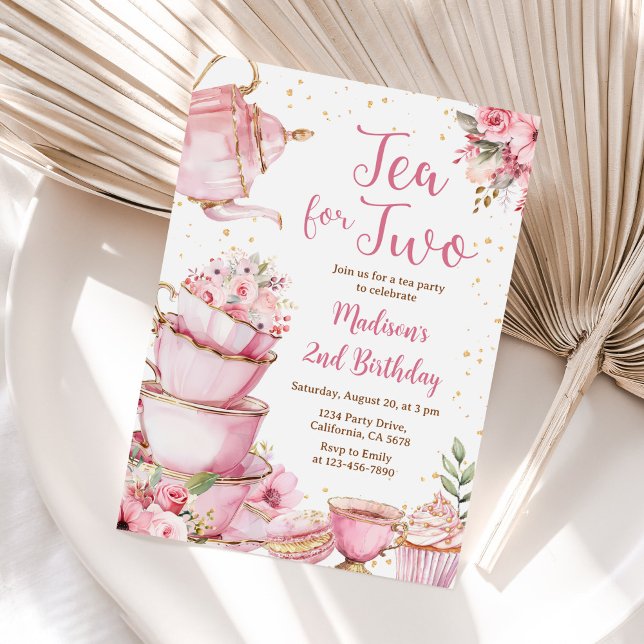 Tea For Two Birthday Party Pink Floral Tea Party Invitation (Creator Uploaded)