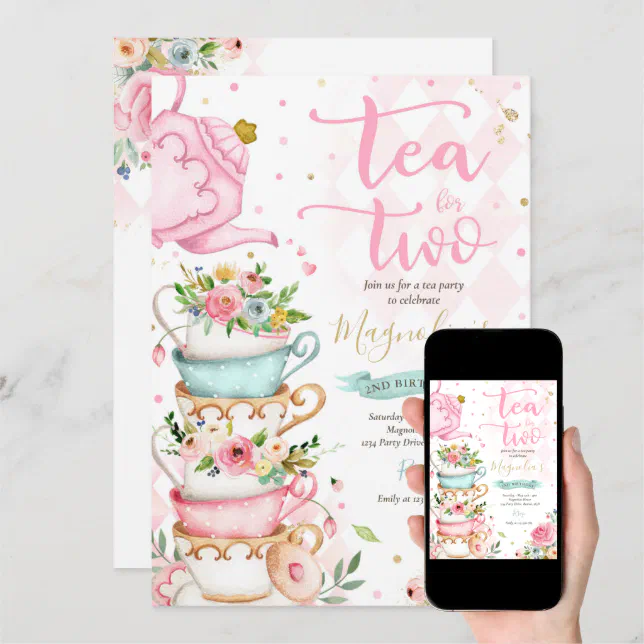 Tea For Two Birthday Party Pink Floral Tea Party Invitation | Zazzle