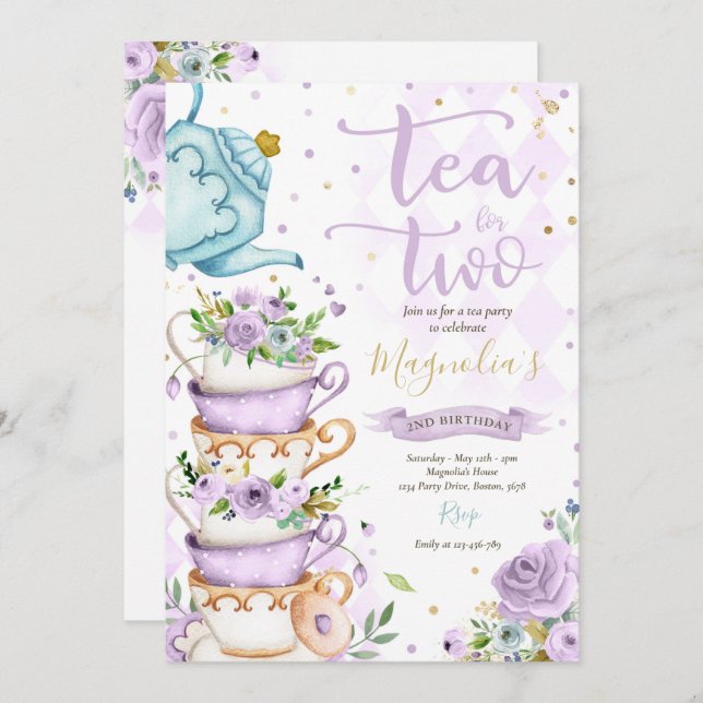 Tea For Two Birthday Party Purple Floral Tea Party Invitation (Front/Back)