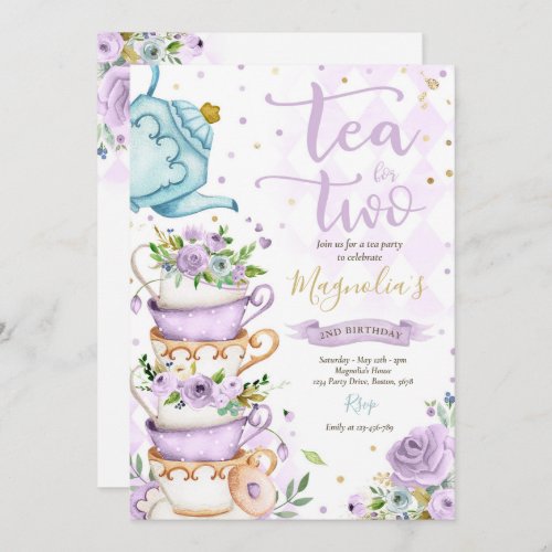 Tea For Two Birthday Party Purple Floral Tea Party Invitation