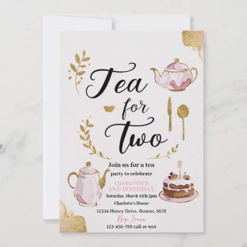 Tea for Two Birthday Pink Gold Floral Whimsical Invitation