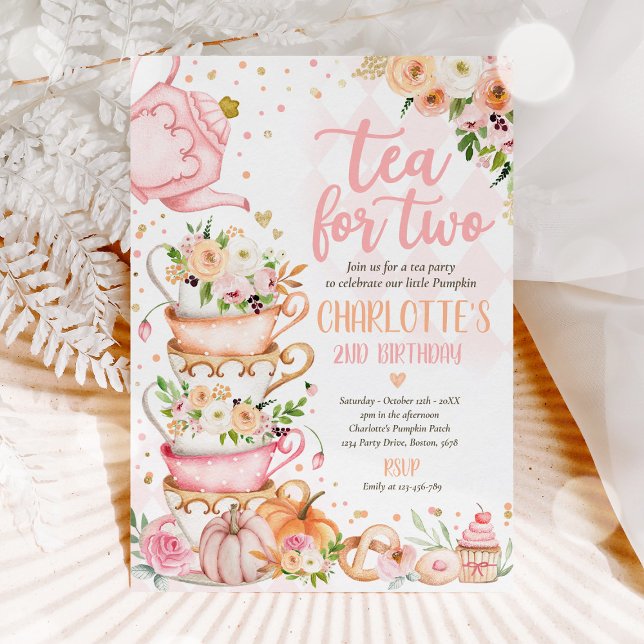 Tea For Two Birthday Pumpkin Autumn Floral Par-tea Invitation (Creator Uploaded)