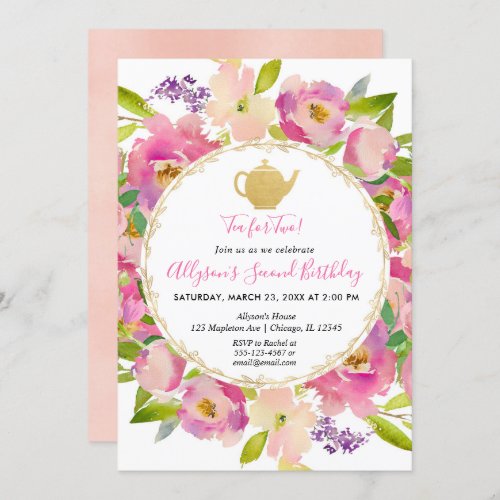 Tea for Two blush pink floral watercolors birthday Invitation