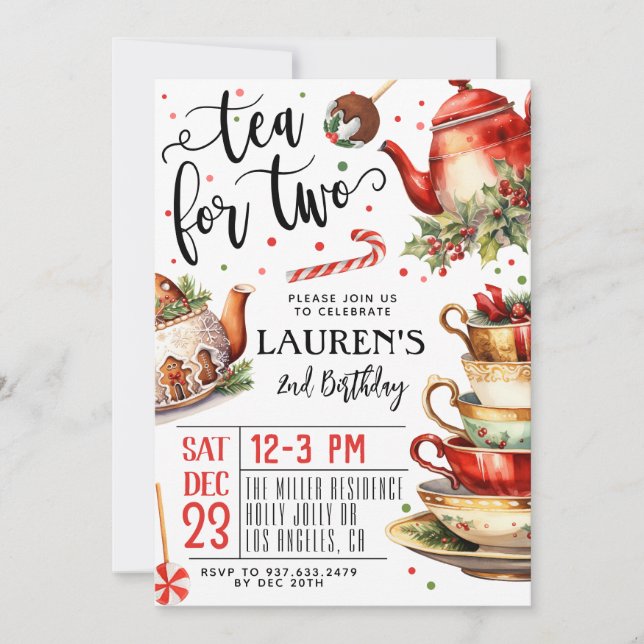 Tea for Two Christmas 2nd Birthday Invitation (Front)