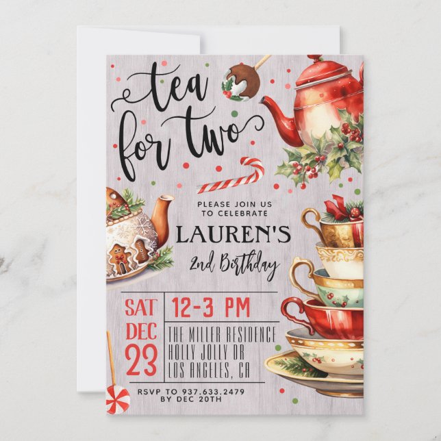 Tea for Two Christmas 2nd Birthday Invitation (Front)