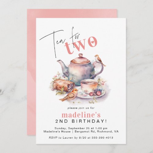 Tea for Two  Cute Tea Party Girls 2nd Birthday Invitation