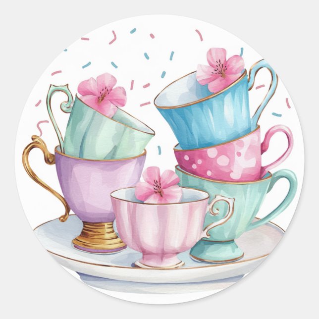 Tea for Two Elegant Girl's Birthday Party Classic Round Sticker (Front)