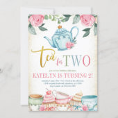 Tea for Two Floral 2nd Birthday Invitation (Front)