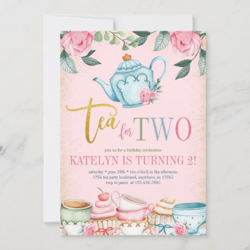 Tea for Two Floral 2nd Birthday Invitation