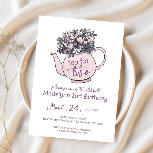Tea for Two Floral 2nd Birthday Party Invitation