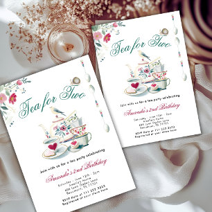 Tea For Two Floral Animals 2nd Birthday Party  Invitation
