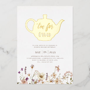 Tea For Two Floral Birthday - Gold Foil Invitation
