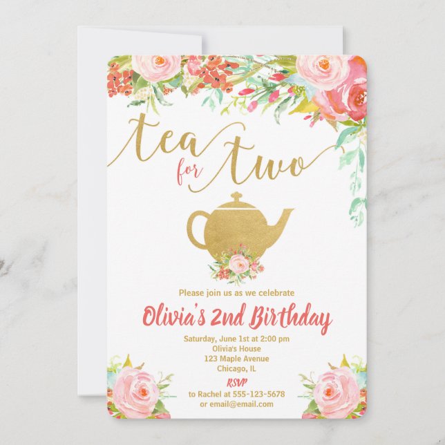 Tea for two floral gold birthday invitation girl (Front)