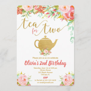 Tea for two floral gold birthday invitation girl
