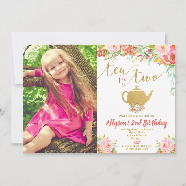 Tea for two floral pink gold 2nd birthday photo invitation (Front)