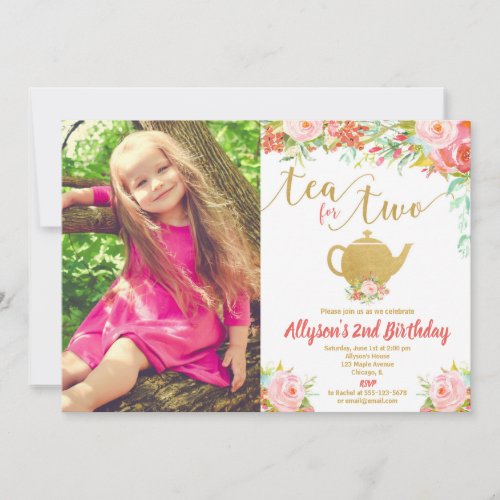 Tea for two floral pink gold 2nd birthday photo invitation