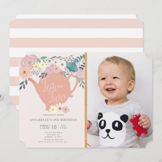Tea for Two Floral Tea Party Photo 2nd Birthday Invitation (Front/Back)