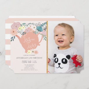 Tea for Two Floral Tea Party Photo 2nd Birthday Invitation