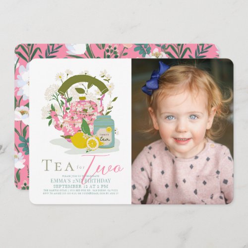 Tea for Two Floral Tea Party Photo 2nd Birthday Invitation