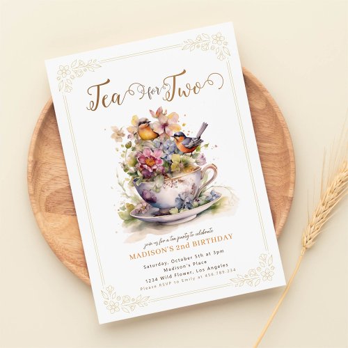Tea for two flower birds garden tea party birthday invitation