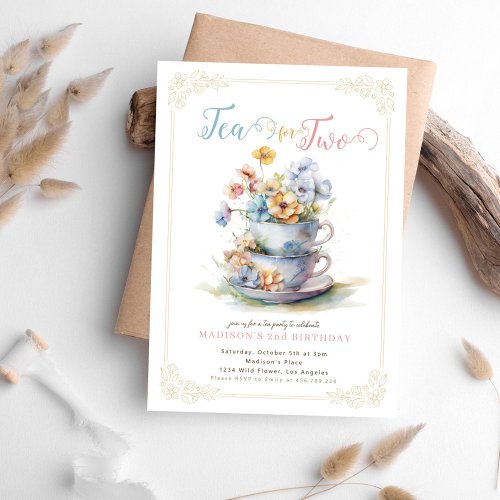 Tea for two flower garden tea party birthday invitation