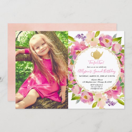 Tea for Two Girl 2nd birthday floral photo Invitation