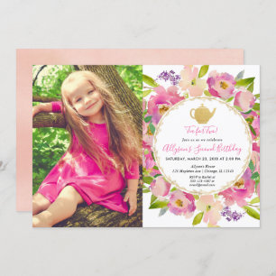 Tea for Two, Girl 2nd birthday floral photo Invitation