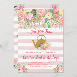 Tea for two girl 2nd second birthday invite. invit invitation