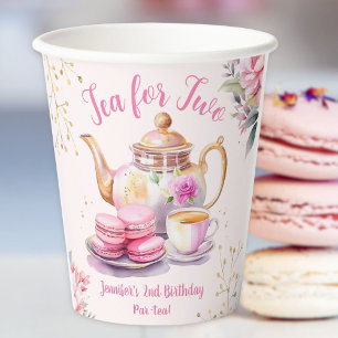 Tea For Two! Girl Pink Gold 2nd Birthday Tea Party Paper Cups
