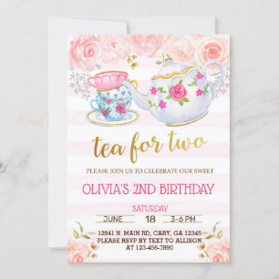 Tea for two girl second birthday invitation. invitation