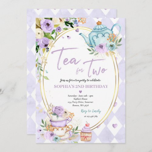Tea For Two Lilac And Gold Floral Birthday Party Invitation