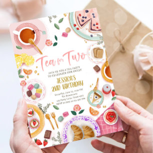 Tea for Two Party Girl Pink Gold Second Birthday Invitation