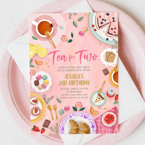 Tea for Two Party Girl Pink Gold Second Birthday Invitation