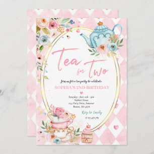 Tea For Two Pink And Gold Floral Birthday Party Invitation