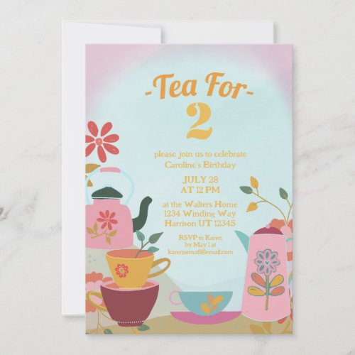 Tea for Two Pink Floral Birthday Invitation