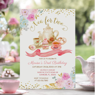 Tea For Two Pink Floral Birthday Party Invitation