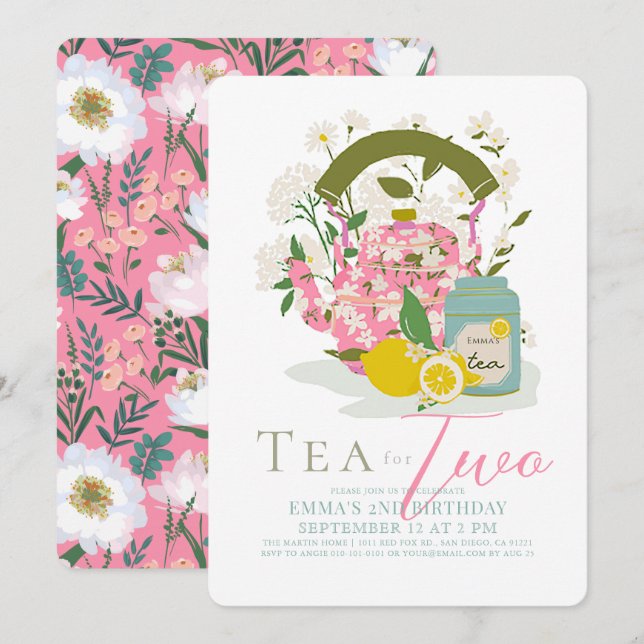 Tea for Two Pink Floral Tea Party 2nd Birthday Invitation (Front/Back)